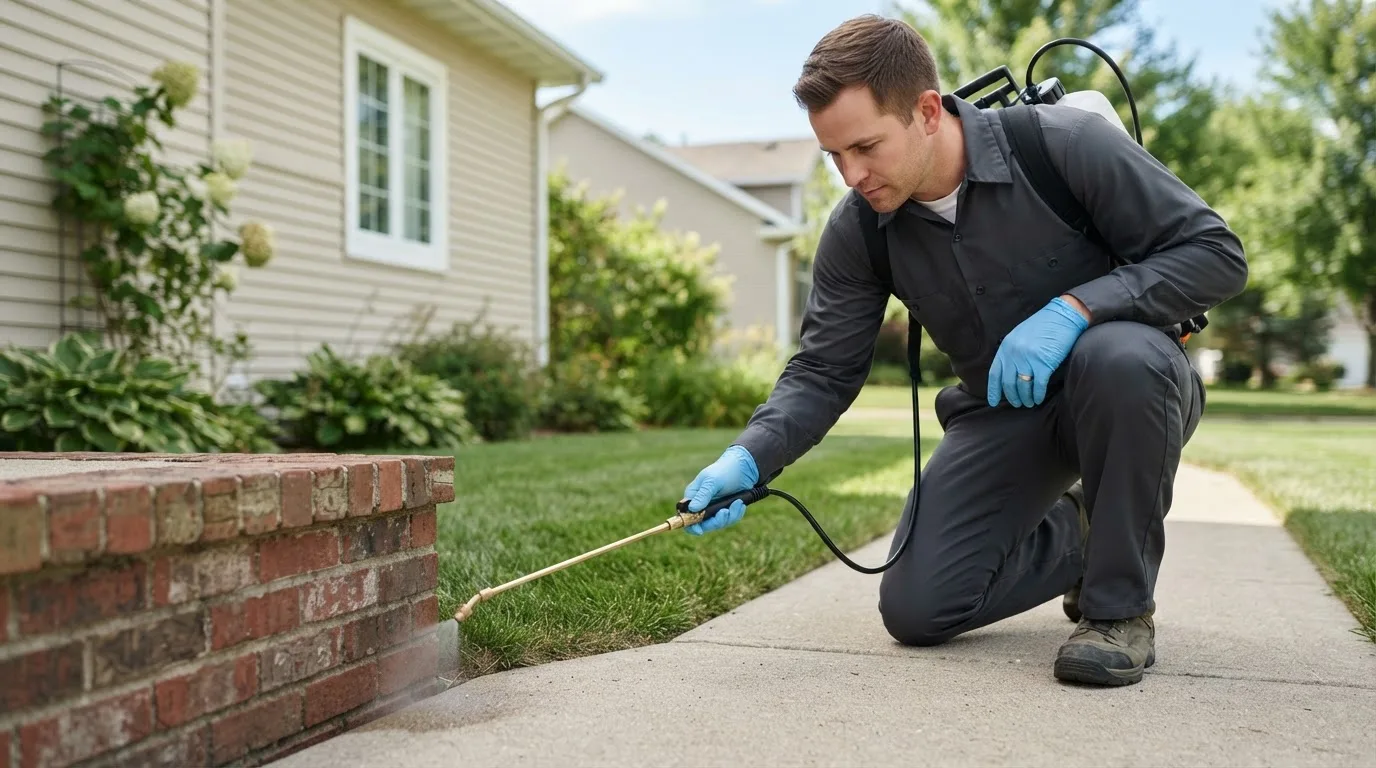 Pest control technician treating a home near Brooker, FL