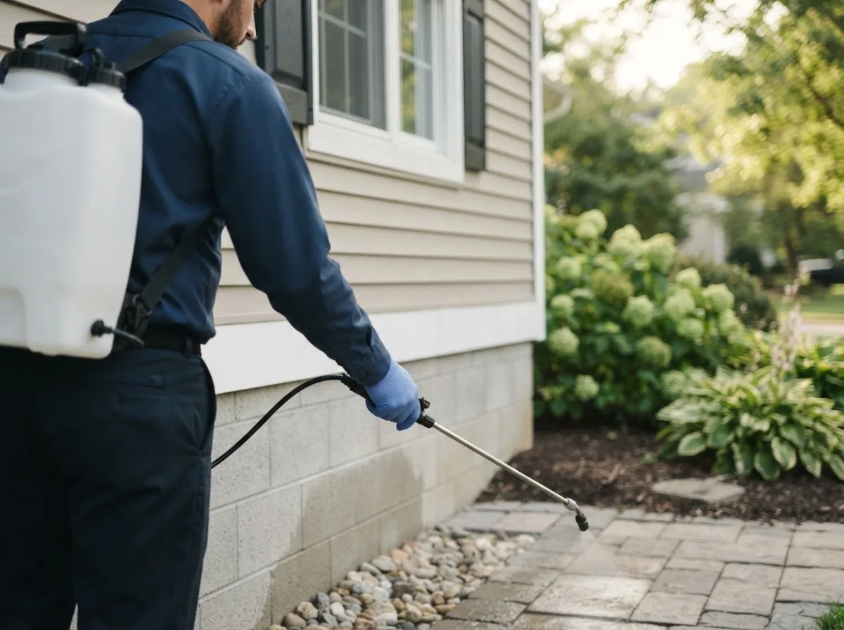 Pest control technician inspecting a home in Brooker, FL